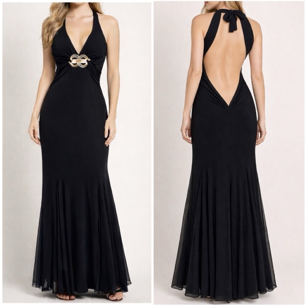 Cache Vintage Y2k Maxi Dress Backless Formal Crystal Mermaid Prom Black Tie Gown